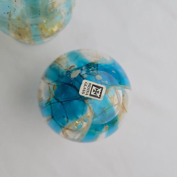 Mdina Two Mini Glass Vases Maltese Art Crystal Blue Stripe Crizzle 1970's MCM - Picture 13 of 16